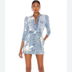 Retrofete Lema Denim Bleach Dyed Button Front Puff Shoulder Tie Waist Mini Dress